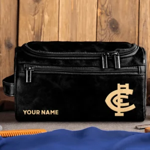 Carlton Blues AFL Exclusive Logo Personalized Leather Toiletry Bag HOAFL0090525LTB01CARL - Black