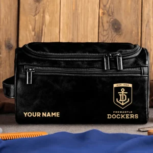 Fremantle Dockers AFL Exclusive Logo Personalized Leather Toiletry Bag HOAFL0090525LTB01FRE - Black
