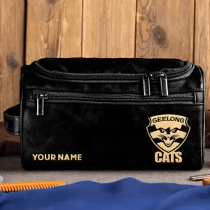 Geelong Cats AFL Exclusive Logo Personalized Leather Toiletry Bag HOAFL0090525LTB01GEEL - Black