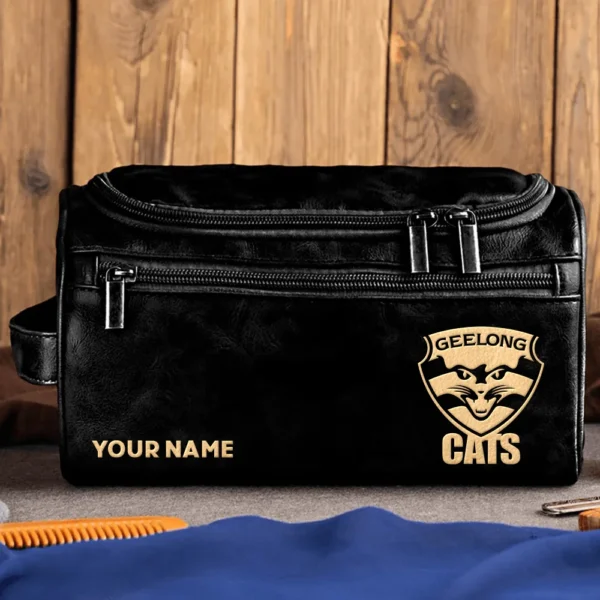 Geelong Cats AFL Exclusive Logo Personalized Leather Toiletry Bag HOAFL0090525LTB01GEEL - Black