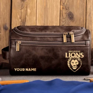 Brisbane Lions AFL Exclusive Logo Personalized Leather Toiletry Bag HOAFL0090525LTB01BL - Coffee