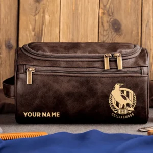 Collingwood Magpies AFL Exclusive Logo Personalized Leather Toiletry Bag HOAFL0090525LTB01COLL - Coffee