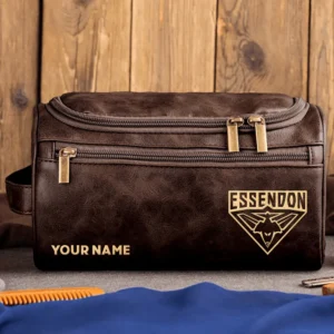 Essendon Bombers AFL Exclusive Logo Personalized Leather Toiletry Bag HOAFL0090525LTB01ESS - Coffee