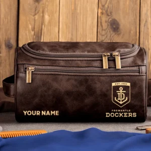 Fremantle Dockers AFL Exclusive Logo Personalized Leather Toiletry Bag HOAFL0090525LTB01FRE - Coffee