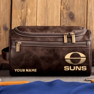 Gold Coast SUNS AFL Exclusive Logo Personalized Leather Toiletry Bag HOAFL0090525LTB01GCFC - Coffee