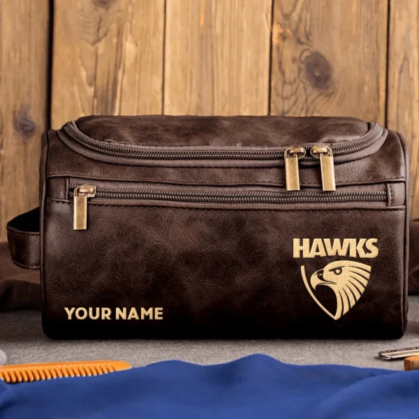 Hawthorn Hawks AFL Exclusive Logo Personalized Leather Toiletry Bag HOAFL0090525LTB01HAW - Coffee