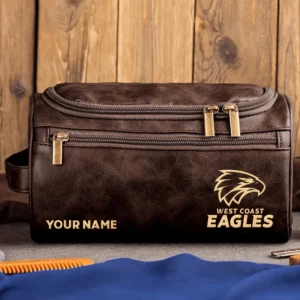 West Coast Eagles AFL Exclusive Logo Personalized Leather Toiletry Bag HOAFL0090525LTB01WCE - Coffee