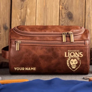 Brisbane Lions AFL Exclusive Logo Personalized Leather Toiletry Bag HOAFL0090525LTB01BL - Dark Brown