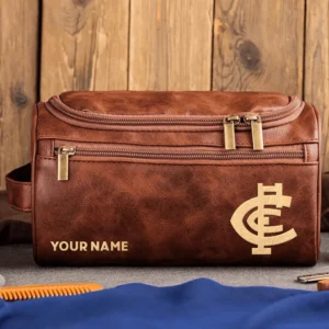 Carlton Blues AFL Exclusive Logo Personalized Leather Toiletry Bag HOAFL0090525LTB01CARL - Dark Brown
