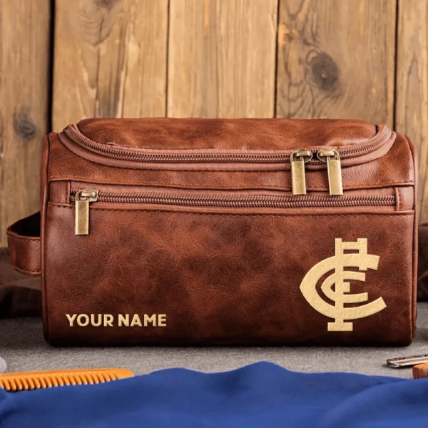Carlton Blues AFL Exclusive Logo Personalized Leather Toiletry Bag HOAFL0090525LTB01CARL - Dark Brown