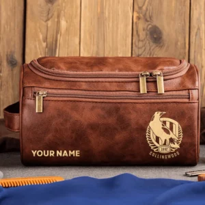 Collingwood Magpies AFL Exclusive Logo Personalized Leather Toiletry Bag HOAFL0090525LTB01COLL - Dark Brown