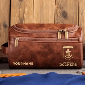 Fremantle Dockers AFL Exclusive Logo Personalized Leather Toiletry Bag HOAFL0090525LTB01FRE - Dark Brown