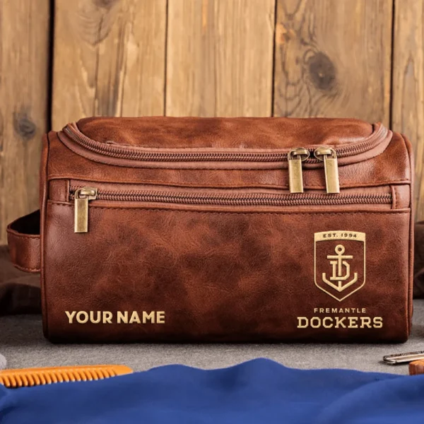 Fremantle Dockers AFL Exclusive Logo Personalized Leather Toiletry Bag HOAFL0090525LTB01FRE - Dark Brown