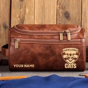 Geelong Cats AFL Exclusive Logo Personalized Leather Toiletry Bag HOAFL0090525LTB01GEEL - Dark Brown