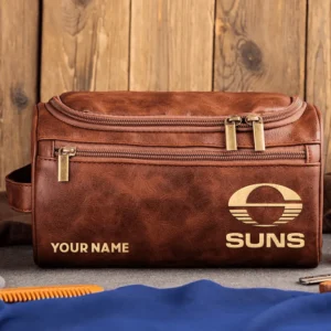 Gold Coast SUNS AFL Exclusive Logo Personalized Leather Toiletry Bag HOAFL0090525LTB01GCFC - Dark Brown
