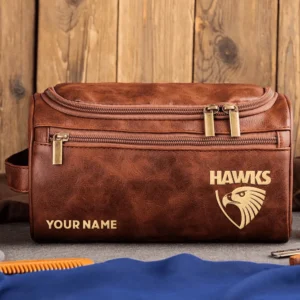 Hawthorn Hawks AFL Exclusive Logo Personalized Leather Toiletry Bag HOAFL0090525LTB01HAW - Dark Brown