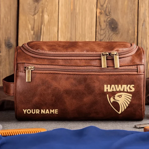 Hawthorn Hawks AFL Exclusive Logo Personalized Leather Toiletry Bag HOAFL0090525LTB01HAW - Dark Brown
