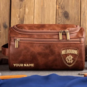 Melbourne Demons AFL Exclusive Logo Personalized Leather Toiletry Bag HOAFL0090525LTB01MELB - Dark Brown