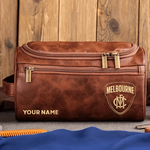 Melbourne Demons AFL Exclusive Logo Personalized Leather Toiletry Bag HOAFL0090525LTB01MELB - Dark Brown