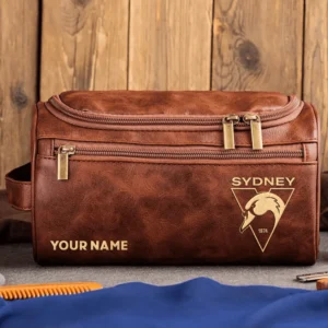 Sydney Swans AFL Exclusive Logo Personalized Leather Toiletry Bag HOAFL0090525LTB01SYD - Dark Brown
