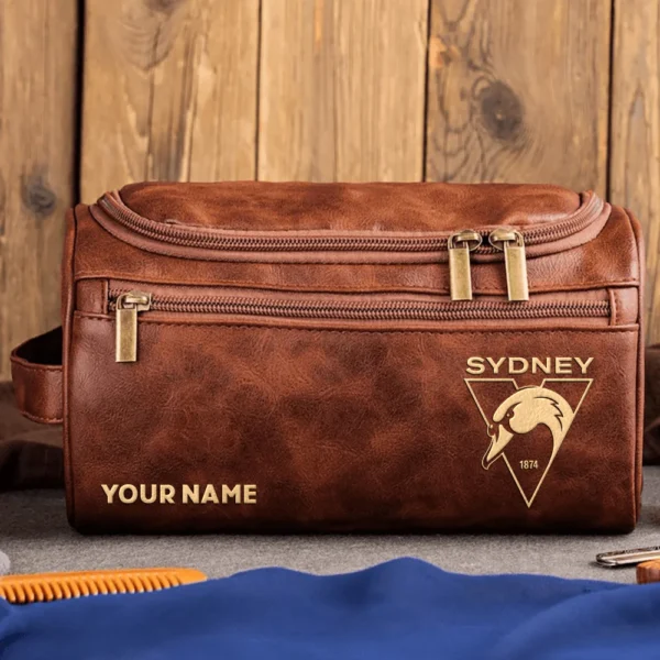 Sydney Swans AFL Exclusive Logo Personalized Leather Toiletry Bag HOAFL0090525LTB01SYD - Dark Brown