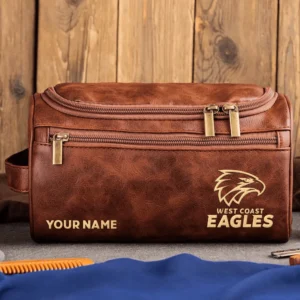 West Coast Eagles AFL Exclusive Logo Personalized Leather Toiletry Bag HOAFL0090525LTB01WCE - Dark Brown
