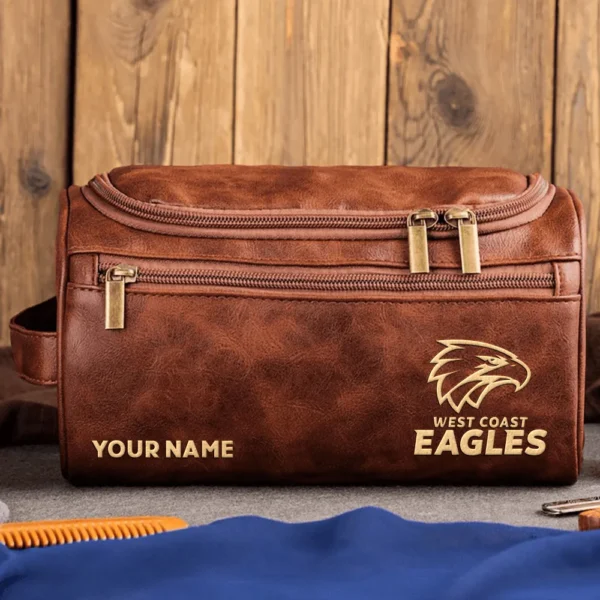 West Coast Eagles AFL Exclusive Logo Personalized Leather Toiletry Bag HOAFL0090525LTB01WCE - Dark Brown