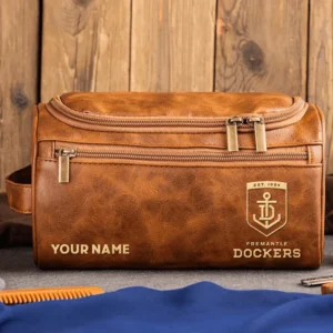 Fremantle Dockers AFL Exclusive Logo Personalized Leather Toiletry Bag HOAFL0090525LTB01FRE - Light Brown