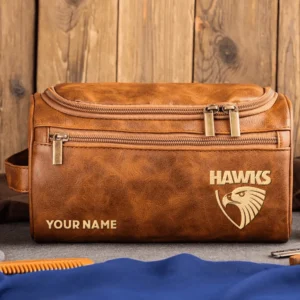 Hawthorn Hawks AFL Exclusive Logo Personalized Leather Toiletry Bag HOAFL0090525LTB01HAW - Light Brown