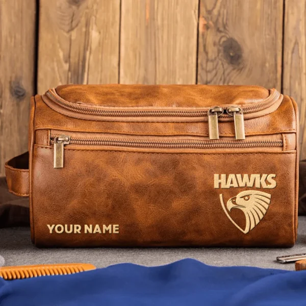 Hawthorn Hawks AFL Exclusive Logo Personalized Leather Toiletry Bag HOAFL0090525LTB01HAW - Light Brown