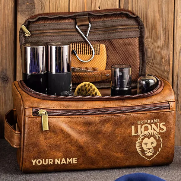 Brisbane Lions AFL Exclusive Logo Personalized Leather Toiletry Bag HOAFL0090525LTB01BL - Dark Brown - Image 2