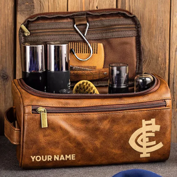 Carlton Blues AFL Exclusive Logo Personalized Leather Toiletry Bag HOAFL0090525LTB01CARL - Dark Brown - Image 2
