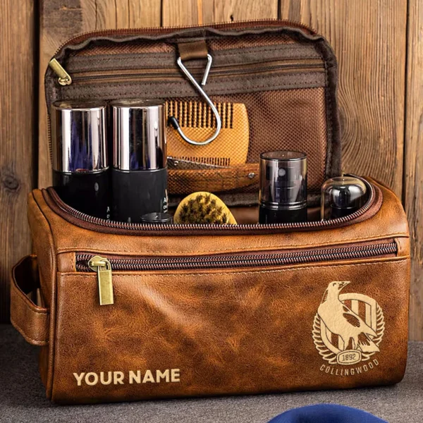 Collingwood Magpies AFL Exclusive Logo Personalized Leather Toiletry Bag HOAFL0090525LTB01COLL - Coffee - Image 2