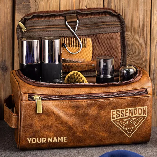 Essendon Bombers AFL Exclusive Logo Personalized Leather Toiletry Bag HOAFL0090525LTB01ESS - Black - Image 2