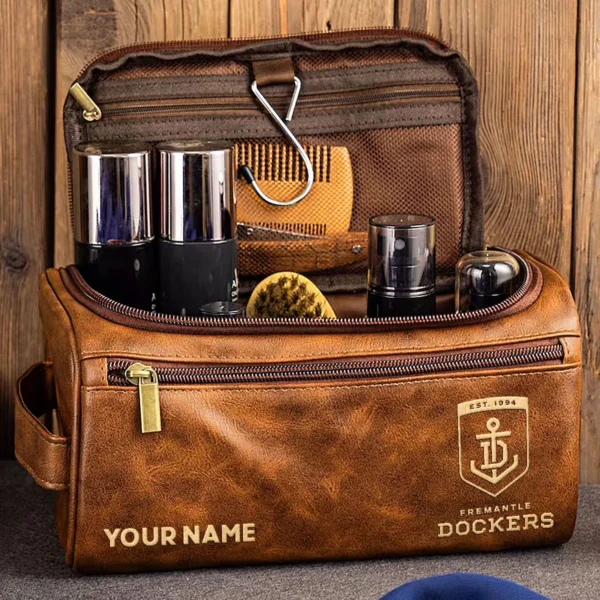 Fremantle Dockers AFL Exclusive Logo Personalized Leather Toiletry Bag HOAFL0090525LTB01FRE - Black - Image 2