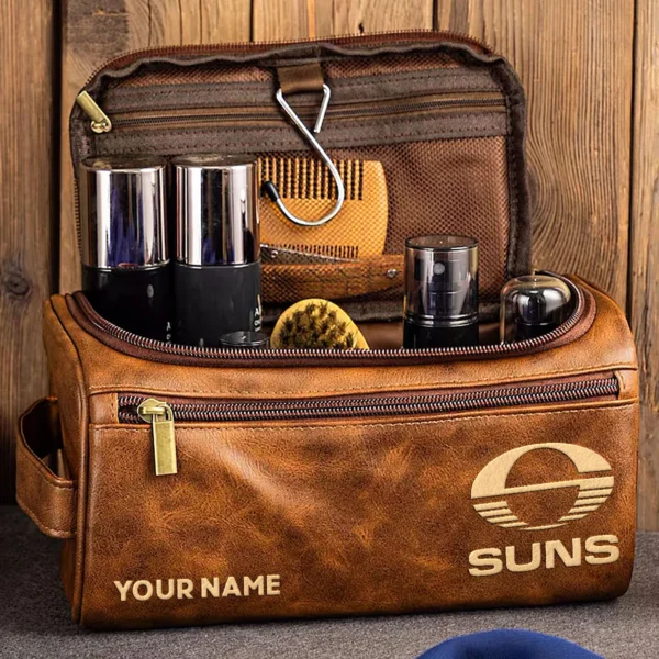 Gold Coast SUNS AFL Exclusive Logo Personalized Leather Toiletry Bag HOAFL0090525LTB01GCFC - Black - Image 2