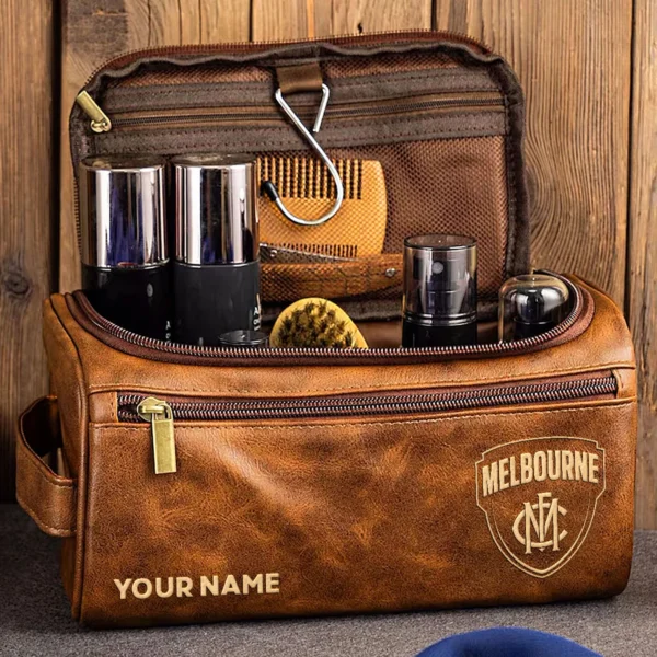 Melbourne Demons AFL Exclusive Logo Personalized Leather Toiletry Bag HOAFL0090525LTB01MELB - Coffee - Image 2