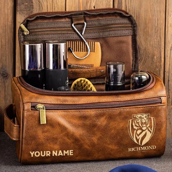 Richmond Tigers AFL Exclusive Logo Personalized Leather Toiletry Bag HOAFL0090525LTB01RICH - Black - Image 2