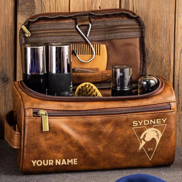 Sydney Swans AFL Exclusive Logo Personalized Leather Toiletry Bag HOAFL0090525LTB01SYD - Coffee - Image 2