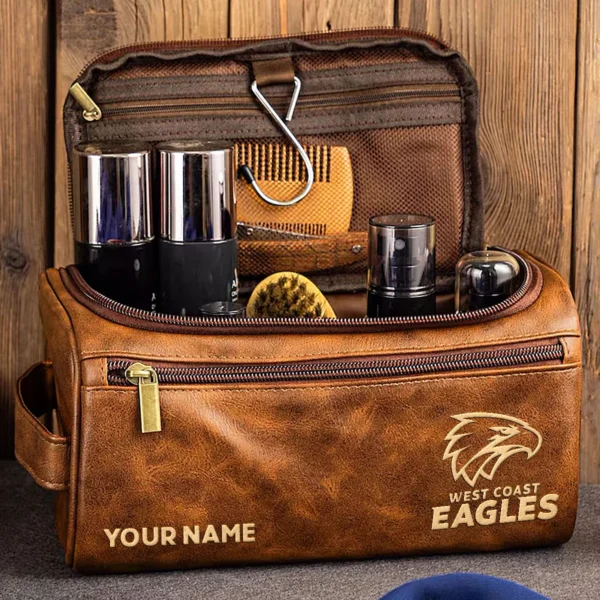 West Coast Eagles AFL Exclusive Logo Personalized Leather Toiletry Bag HOAFL0090525LTB01WCE - Black - Image 2