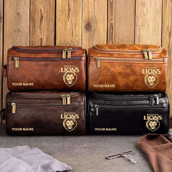Brisbane Lions AFL Exclusive Logo Personalized Leather Toiletry Bag HOAFL0090525LTB01BL - Dark Brown - Image 3