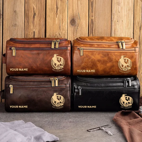 Collingwood Magpies AFL Exclusive Logo Personalized Leather Toiletry Bag HOAFL0090525LTB01COLL - Coffee - Image 3