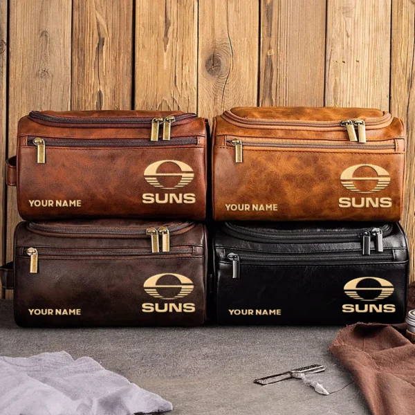 Gold Coast SUNS AFL Exclusive Logo Personalized Leather Toiletry Bag HOAFL0090525LTB01GCFC - Black - Image 3