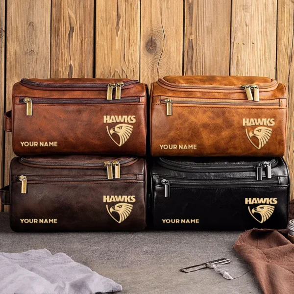 Hawthorn Hawks AFL Exclusive Logo Personalized Leather Toiletry Bag HOAFL0090525LTB01HAW - Light Brown - Image 3