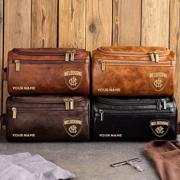 Melbourne Demons AFL Exclusive Logo Personalized Leather Toiletry Bag HOAFL0090525LTB01MELB - Coffee - Image 3