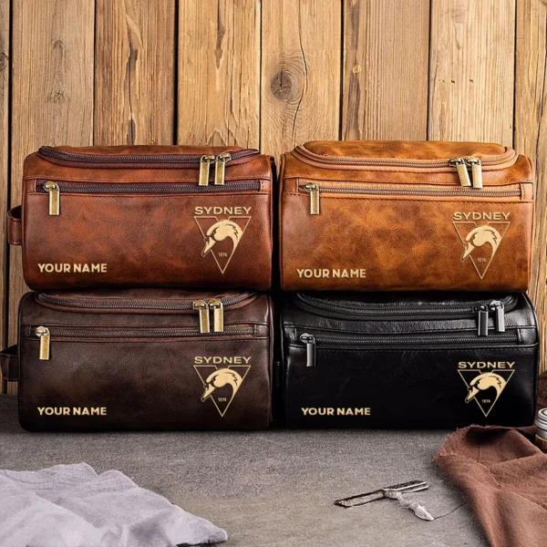 Sydney Swans AFL Exclusive Logo Personalized Leather Toiletry Bag HOAFL0090525LTB01SYD - Coffee - Image 3