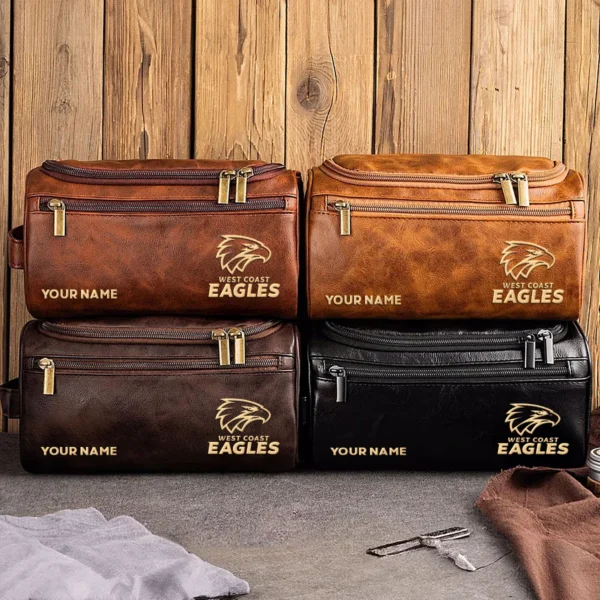 West Coast Eagles AFL Exclusive Logo Personalized Leather Toiletry Bag HOAFL0090525LTB01WCE - Black - Image 3