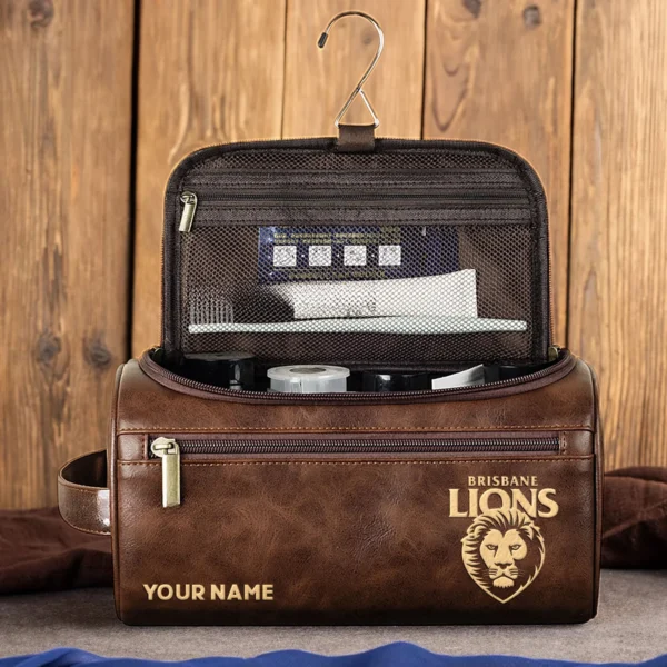 Brisbane Lions AFL Exclusive Logo Personalized Leather Toiletry Bag HOAFL0090525LTB01BL - Dark Brown - Image 4