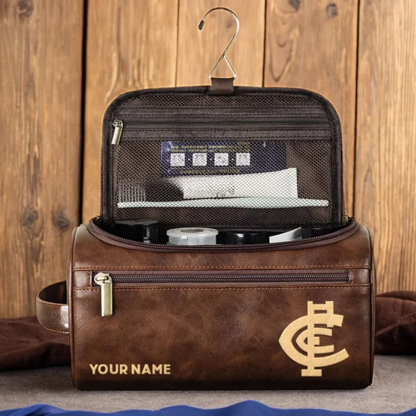 Carlton Blues AFL Exclusive Logo Personalized Leather Toiletry Bag HOAFL0090525LTB01CARL - Dark Brown - Image 4