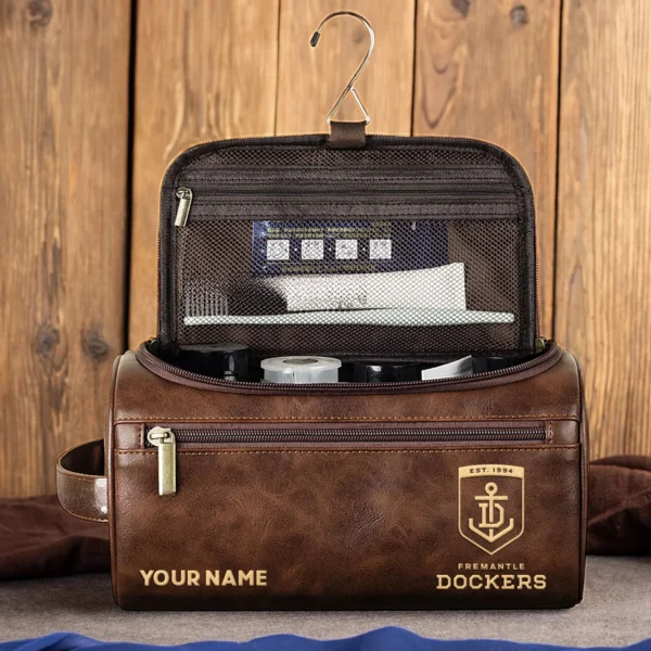 Fremantle Dockers AFL Exclusive Logo Personalized Leather Toiletry Bag HOAFL0090525LTB01FRE - Black - Image 4